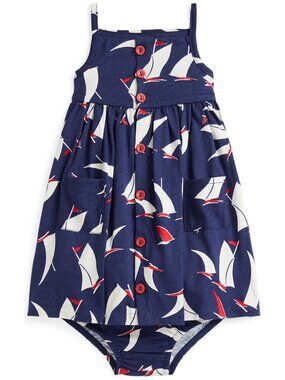 Adorable Ralph Lauren Baby Girls Sailboat Printed Cotton Dress & Bloomer NWT